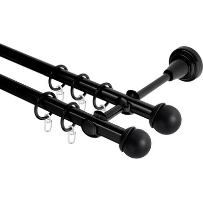 OK-GarnýžeCZ Garnýž kovová dvouřadá 19mm Todi double černá 190 cm do stěny / kroužky s háčkem