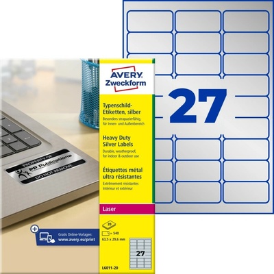 Avery Zweckform L6011-20 Velmi odolné etikety 63,5x29,6mm 540 ks stříbrná