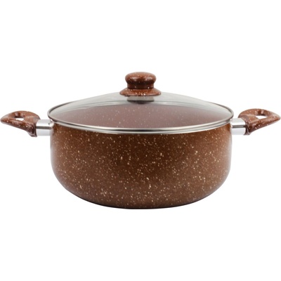 Elekom Тенджера мрамор кафява ЕК-26 mbr, Стъклен капак, Висококачествен алуминий, Незалепващо покритие, 5, 6 литра, 26 х10, 5 см