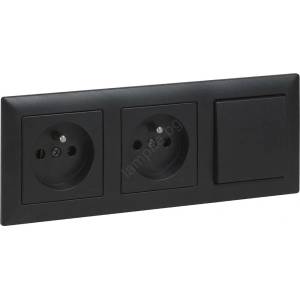 Legrand - Двойна домашна розетка и еднополюсен ключ № 1 с рамка SUNO 250V, черна (LR0065D)