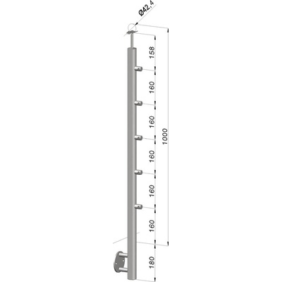 Nerezový sloup, boční kotvení, 5 řadový průchodný, venkovní, vrch pevný (ø 42,4x2 mm), broušená nerez K320 / AISI304