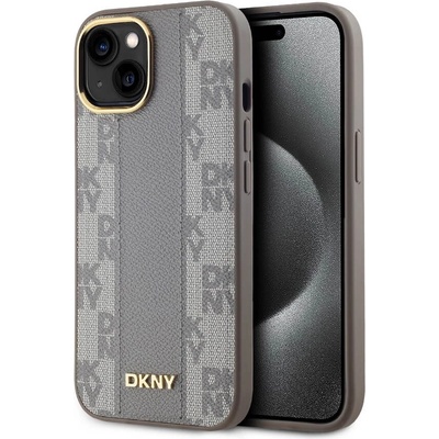 DKNY PU Checkered Pattern MagSafe Leather Hard Case - дизайнерски кожен кейс с MagSafe за iPhone 15 (бежов)