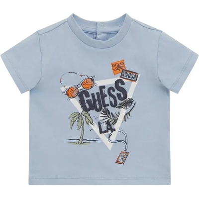 GUESS Бледо синя тениска с детайли и бяло лого Guess за бебе момче