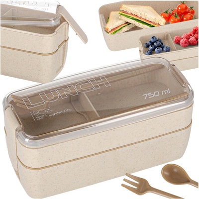 KIK Obedový box s priehradkami a príborom 750 ml béžový ik-KX3022