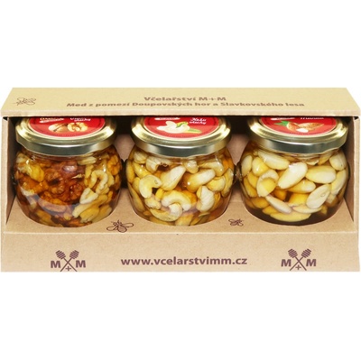 Včelařství M+M balíček ořechů v medu vlašské, kešu, mandle 3 x 250 g