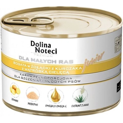 Dolina Noteci PREMIUM за кучета от малки породи JUNIOR, богато на пилешки стомаси с телешки черен дроб 12x185 г