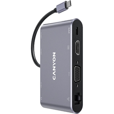 CANYON HUB 8-in-1, USB-C, 3xUSB3.0, 1xUSB-C, HDMI, VGA, Ethernet, Audio, сив - CNS-TDS14 (CNS-TDS14)