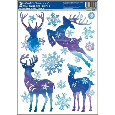 Okenní fólie ptáčci s vločkami a stromek z vloček modrý s glitry 37x29 cm
