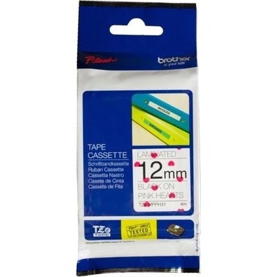 páska BROTHER TZeMPPH31 čierne písmo, ružová srdiečková paterna Tape (12mm) (TZEMPPH31)