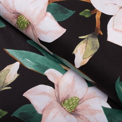 Bavlněná látka/plátno Sandra SA-300 Květy magnolie na černém - šířka 160 cm