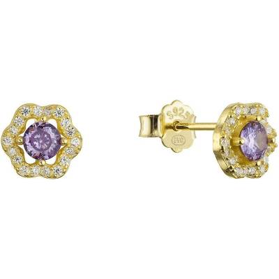 Pavona Pozlacené stříbrné náušnice kytičky s fialovým zirkonem 11702.3 amethyst