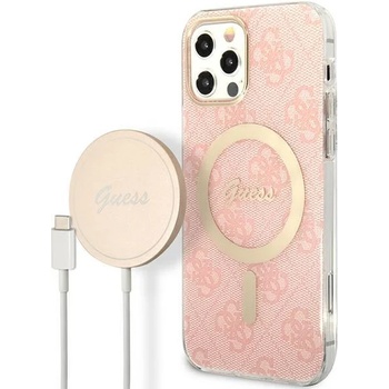 GUESS Комплект безжично зарядно устройство и кейс Guess GUBPP12MH4EACSP за iPhone 12/12 Pro, розов / розов, твърд, съвместим с MagSafe, 4G Print (GUE002561-0)