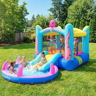 Pepita Ocean XL skákací hrad do vody 380x200x185cm s nástupom a šmýkačkou modrofialová