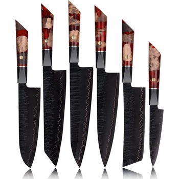 HARAHU Комплект дамаски ножове за кухня en-37398 - Червен / Кафяв kp37398 (en-37398)