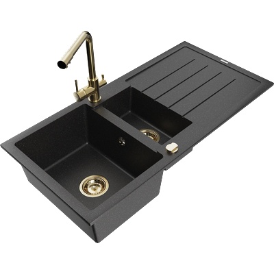 Mexen Andres гранитна мивка с 1, 5 камери с отцедник и кухненски смесител Duero, черен/сребърен - 6515-73-671600-50 (6515-73-671600-50)