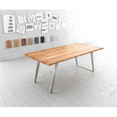 DELIFE Jídelní stůl Edge 200x100cm přírodní akácie nerezová ocel stříbrná šikmá