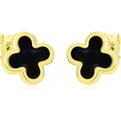 Gemmax Zlaté náušnice Čtyřlístky s černými onyxy GLEYX-03356