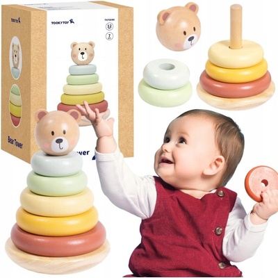 Tooky Toy Věž Medvídek - Dřevěná rozvojová pyramida TKF004N