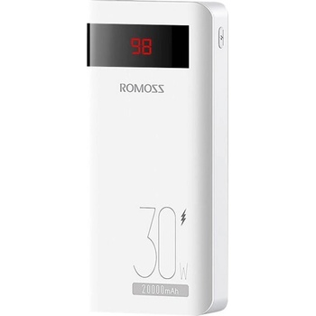 ROMOSS Sense6PS Pro Power Bank 30W 20000 mAh - външна батерия с два USB-A и един USB-C изходи и технология за бързо зареждане (бял)