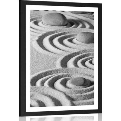 Plakát s paspartou Zen kameny v písčitých kruzích černobílém provedení - 40x60 black