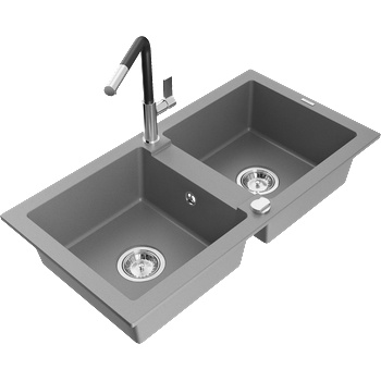 Mexen Mario гранитна мивка с 2 камери и кухненски смесител Flora, сив - 6504-71-670401-07 (6504-71-670401-07)