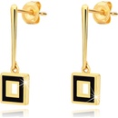 Šperky eshop náušnice zo žltého zlata úzka palička s obrysom štvorca čierna glazúra GG68.07
