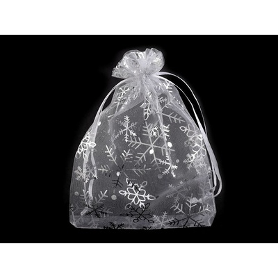 Vánoční dárkový pytlík vločky 13x18 cm organza - bílá stříbrná (10 ks)