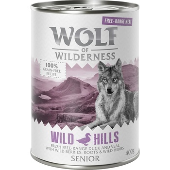 Wolf of Wilderness 12x400г SeniorWild Hills Free-Range Meat Wolf of Wilderness, консерв. храна за кучета-патешко и телеш