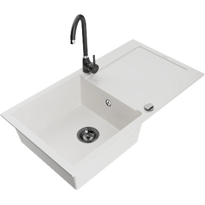 Mexen Leo кухненска мивка от гранит с 1 отделение и отцедник и кухненски смесител Telma, бял - 6501-20-670200-70 (6501-20-670200-70)