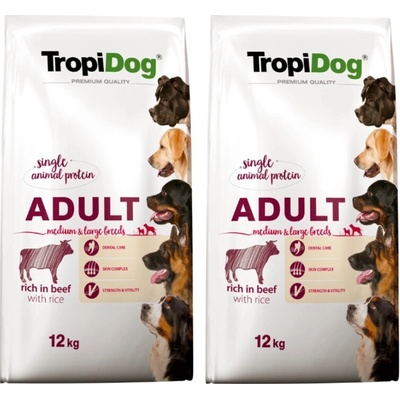 TropiDog Premium Adult Medium & Large Hovädzie s Ryžou 2 x 12 kg