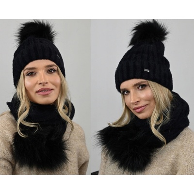 Fashionweek exkluzivní alpakový zimní set čepice a šála s bambulkami Jenot Zizi-AL4 Černá