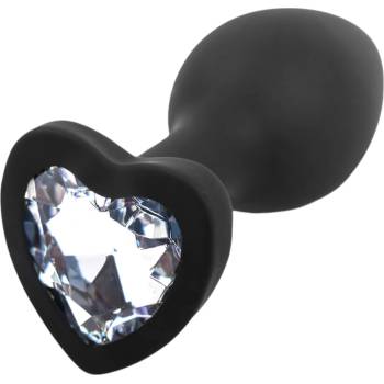 Sunfo - силиконов анален плъг с камък във форма на сърце (черно-бял)