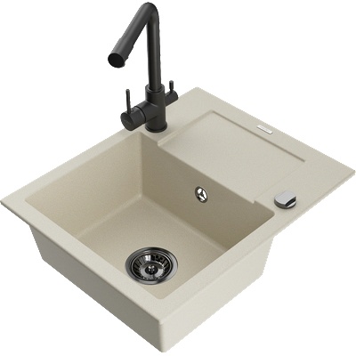 Mexen Enzo мивка от гранит 1-камерна с отцедник и кухненски кран Duero, бежова - 6506-69-671600-70 (6506-69-671600-70)