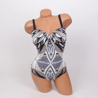 Цели бански в черно с ефектни орнаменти в сиво и бяло- чашка c