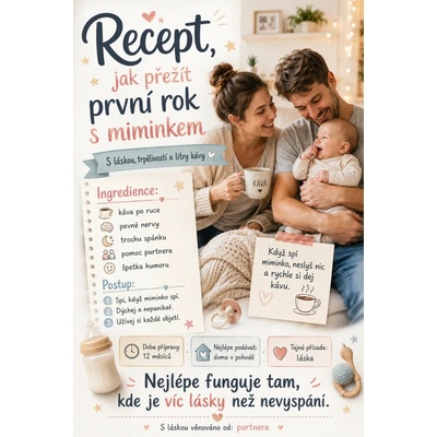 Bezvadary.cz | Originální dárek k narození miminka pro rodiče s vlastní fotkou – recept jak přežít první rok s miminkem - A4 (30x21cm) recept 58