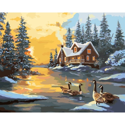 ZUTY Malování podle čísel KACHNY NA ŘECE U ZASNĚŽENÉHO DOMU D RUSTY RUST Rozměr 80 x 100 cm Rámování bez rámu a bez vypnutí plátna