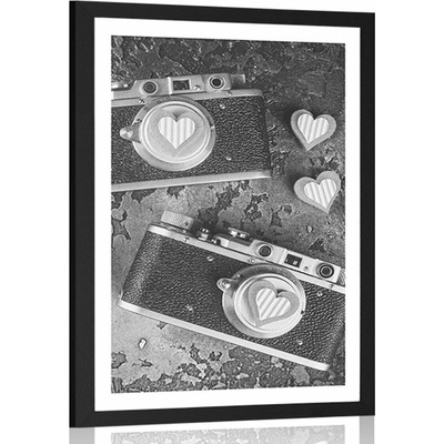 Plakát s paspartou dva retro fotoaparáty v černobílém provedení - 20x30 white