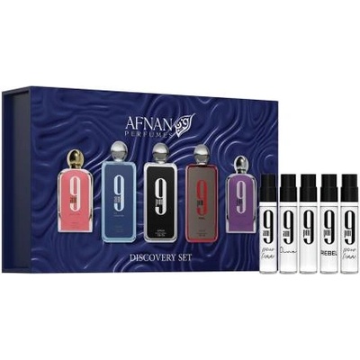 Afnan Discovery Set 9pm подаръчен комплект: EDP 9pm 2 ml + EDP 9pm Rebel 2 ml + EDP 9pm Femme 2 ml + EDP 9am Femme 2 ml + EDP 9am Dive 2 ml за жени