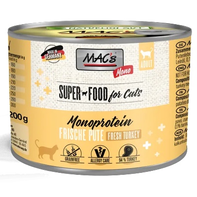 MAC's Mac’s Cat Adult Monoprotein GRAIN FREE, консерва за пораснали котки, БЕЗ ЗЪРНО, за капризни и чувствителни котки, с пуйка и моркови, 200 гр - Германия - 831VE