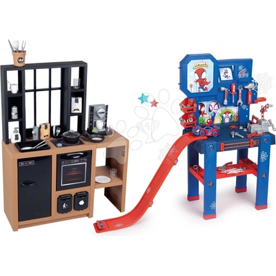 Smoby Set kuchynka moderná Loft Industrial a pracovná dielňa so šmykľavkou a autíčkom s figúrkou Spidey