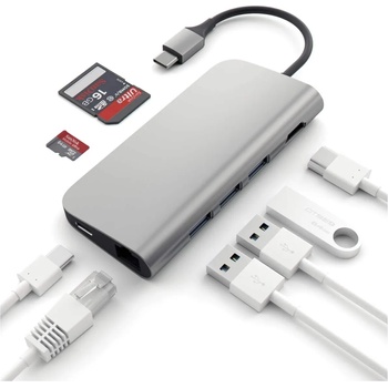 Satechi USB-C Aluminum Multiport Adapter - мултифункционален хъб за свързване на допълнителна периферия за компютри с USB-C (тъмносив)