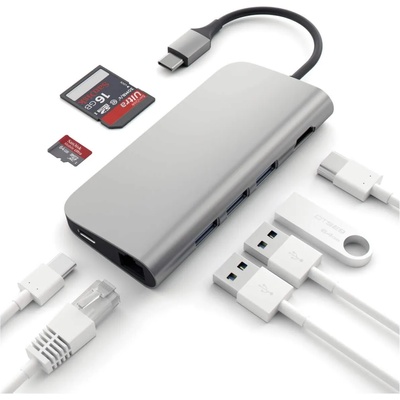 Satechi USB-C Aluminum Multiport Adapter - мултифункционален хъб за свързване на допълнителна периферия за компютри с USB-C (тъмносив)
