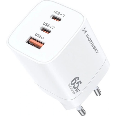 Wozinsky GaN Fast Wall Charger 65W PD - захранване за ел. мрежа за лаптопи, смартфони и таблети с USB-A и 2xUSB-C изходи с технология за бързо зареждане (бял)