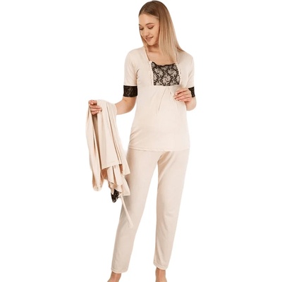 Бежов комплект за бременни - халат и пижама с дантела