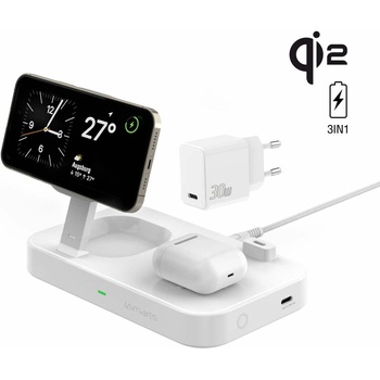 Image 1 of 4smarts Qi2 Charging Station Trident - двойна поставка (пад) за безжично зареждане за iPhone с MagSafe, Apple Watch, AirPods Pro и Qi съвместими мобилни устройства (бял)