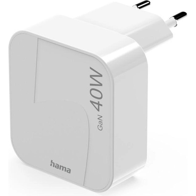 Hama Бързо мини зарядно GaN, 2 x USB-C, PD, 40 W, сгъващ се адаптер, бял (201955)