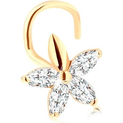 Šperky Eshop Zahnutý piercing do nosu ze zlata 585 blýskavý kvítek z čirých zirkonů S2GG96.22