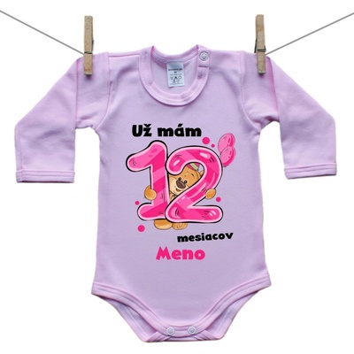 Boodyy Ružové body s dlhým rukávom Už mám 12 mesiacov s Medvedíkom a menom dieťatka Dievča