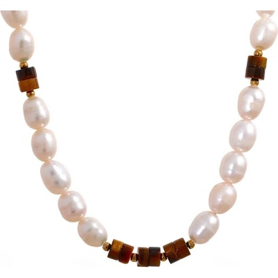 Grace Jewellery Perlový náhrdelník sladkovodní perly a tygří oko, chirurgická ocel NH-10-1194A Bílá