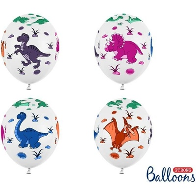 PartyDeco balóniky biele s dinosaurami